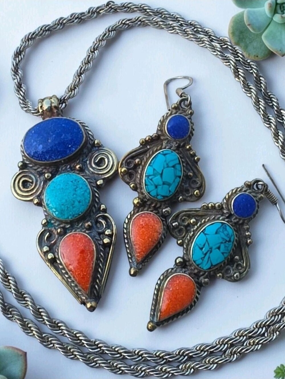 Vintage Tibetan Style Mosaic Inlay Necklace Earrings Set Turquoise Lapis Coral